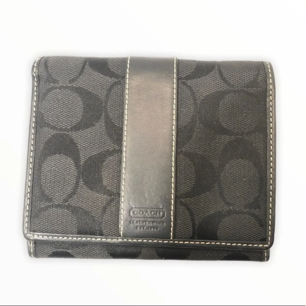 Coach black signature stripe compact wallet